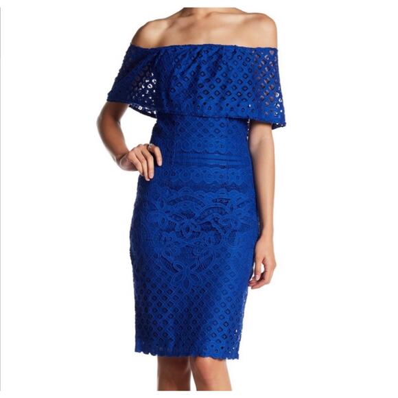 Sharagano Women's Blue Sheath Lace Off Shoulder Dress Slit Stretch - Picture 1 of 9